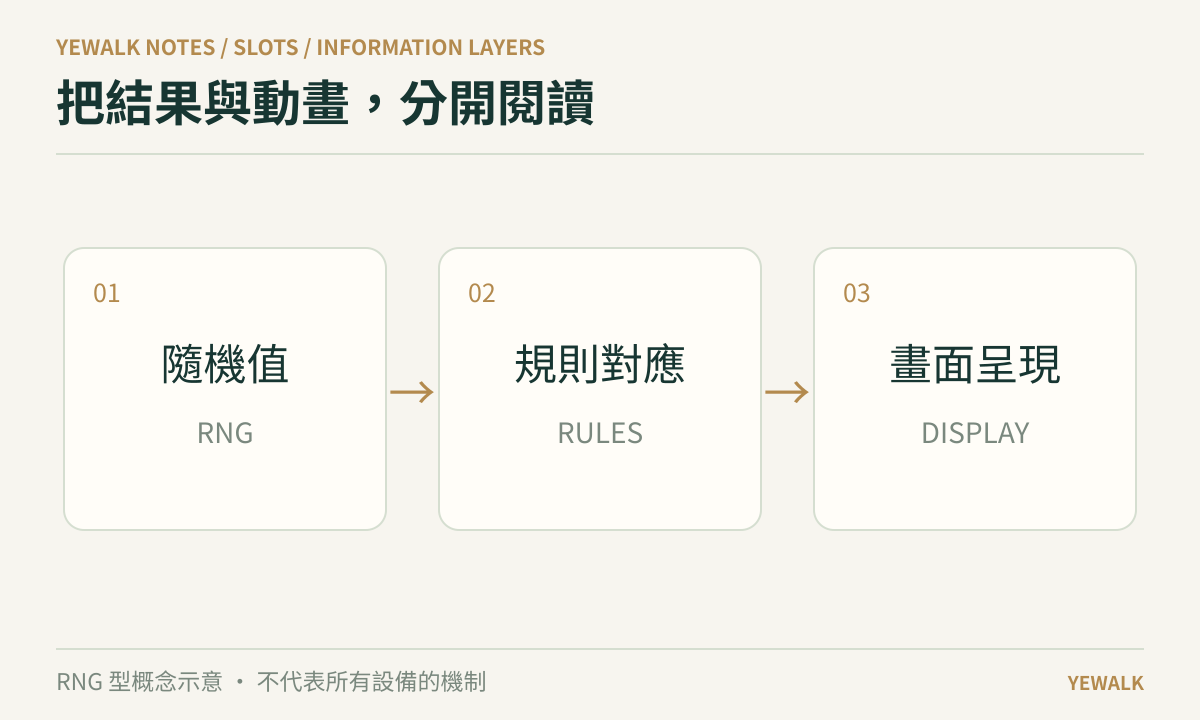 隨機值、規則對應與畫面呈現三個層次的概念流程圖