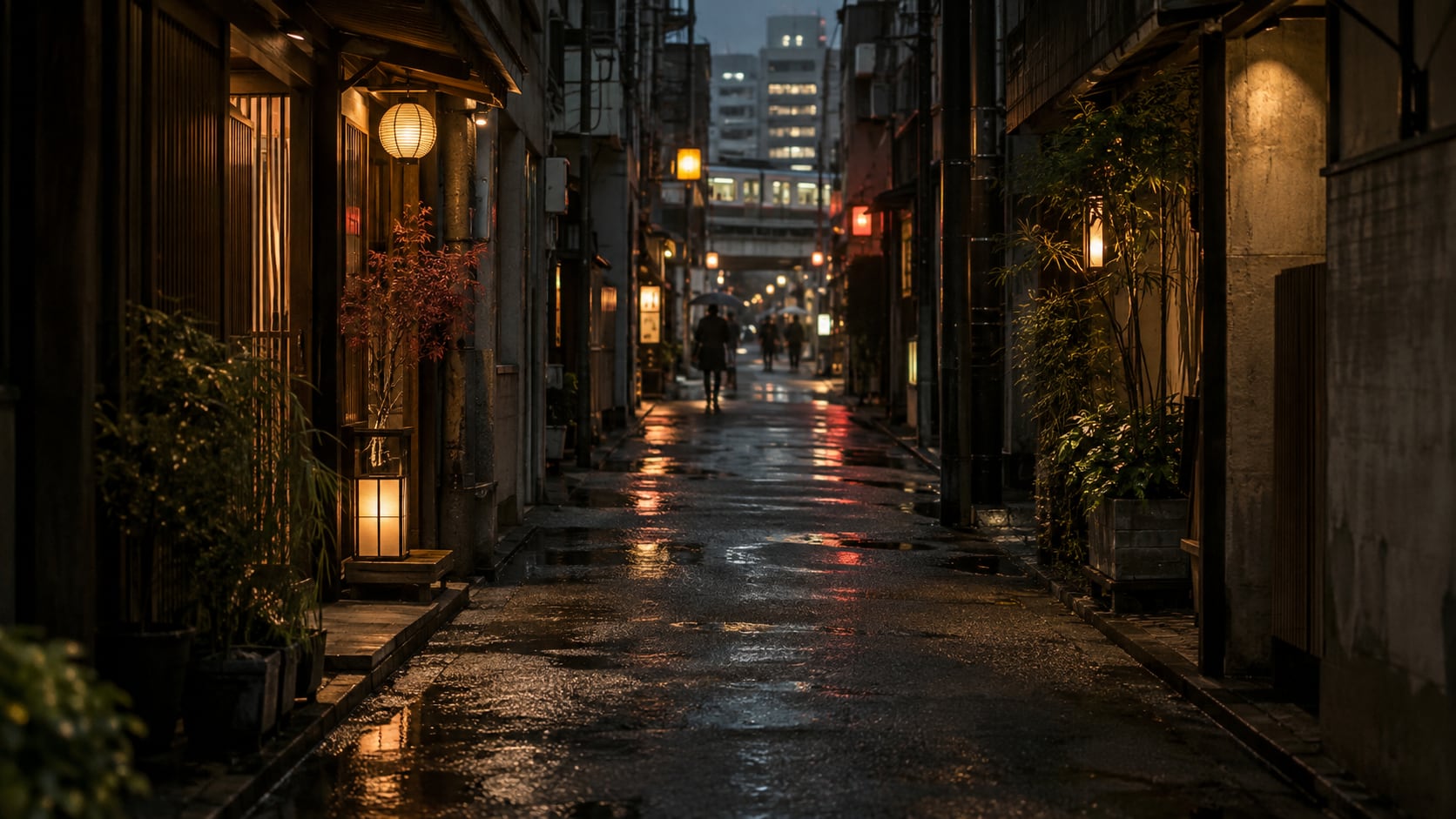 東京雨夜街巷主題的 AI 城市情境
