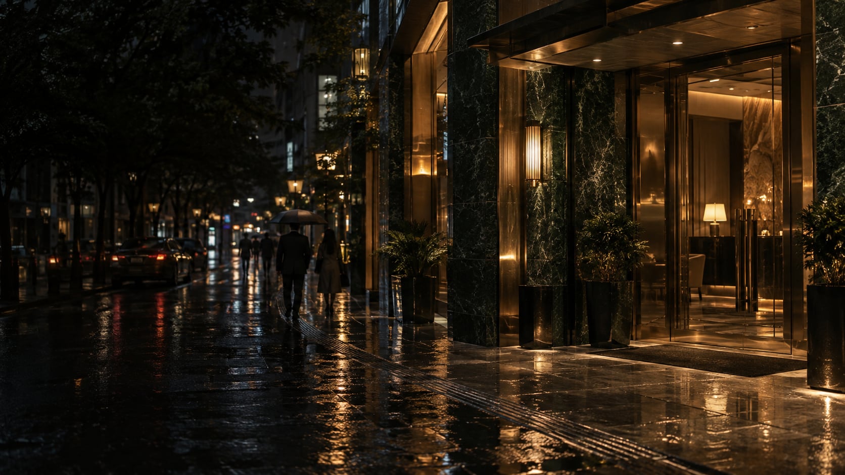 雨夜街巷與暖光入口的 AI 夜遊情境