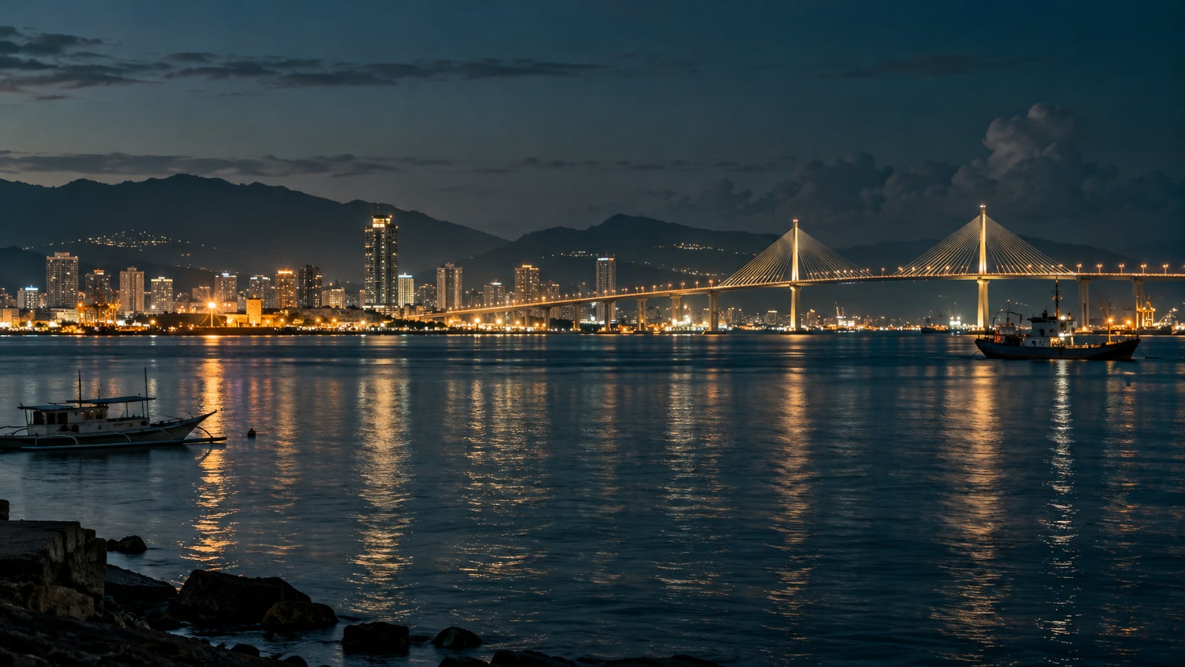 宿霧港灣、跨海橋與島嶼夜色的 AI 城市意象